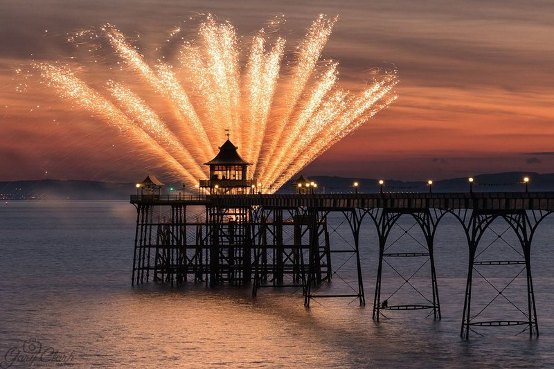 Fireworks celebrate the completion of a long, successful project at Clevedon Pier.