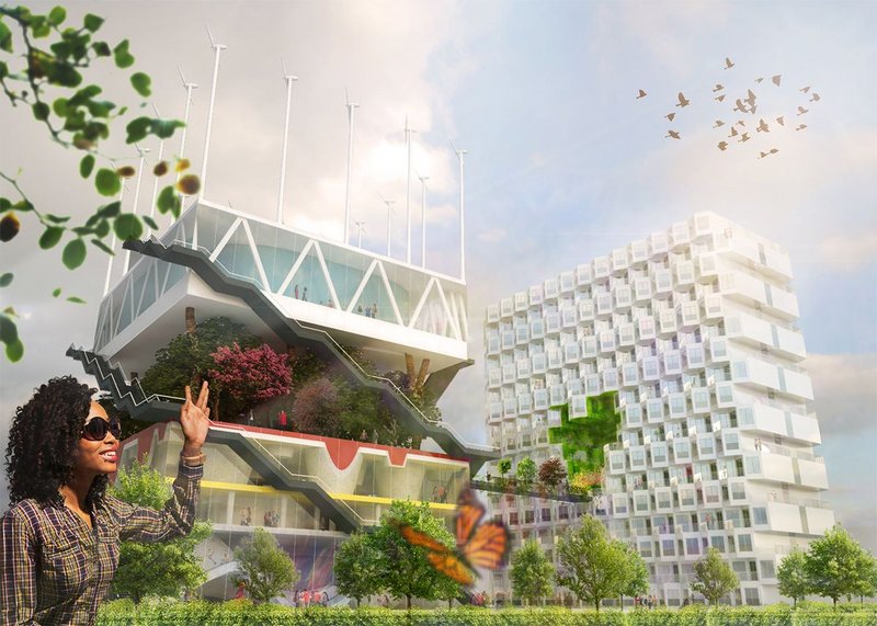 New render for MVRDV’s EXPO 2000 Netherlands Pavilion, which is to be integrated into the City of Hanover’s university facilities: the visual displays MVRDV’s vivid ‘happy’ house style, depicting a student and butterfly in the foreground.