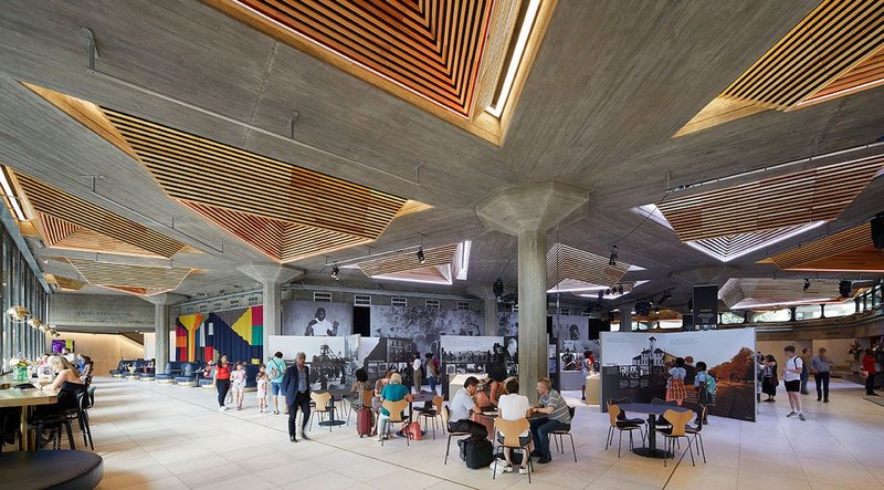 The Queen Elizabeth Hall and Purcell Room have undergone a thorough overhaul as part of Feilden Clegg Bradley Studios’ £35 million refurbishment of London’s Southbank Centre. The revamped foyer includes redesigned pyramid ceiling lights.