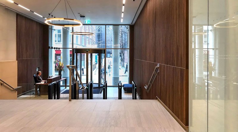 Inspirational workplace design: The Eldon Street entrance at Park House, remodelled by John Robertson Associates and, later, by Stiff + Trevillion.