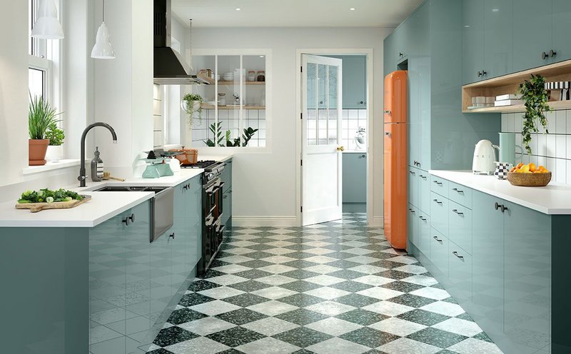 Häfele Aspekt Hampstead Ultragloss replacement kitchen cabinet doors, end panels and plinths in Aqua Blue.