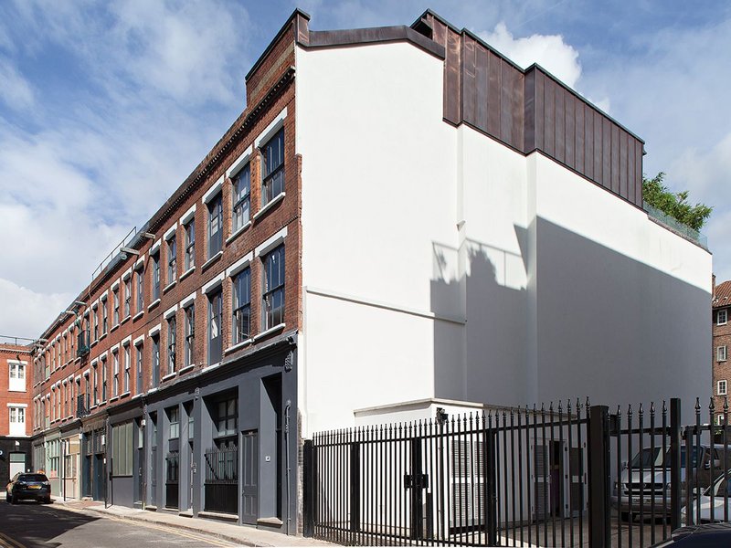 The former warehouse, with copper-clad rooftop extension.