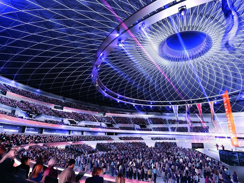 An initial visualisation giving a sense of the intended visual effect of the roof structure’s lower chord. The oculus as illustrated was not adopted in the final version of the design.