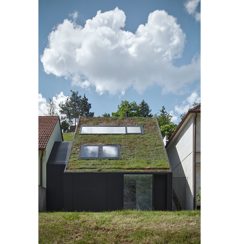 The green sloping roof differentiates the house from its neighbours.