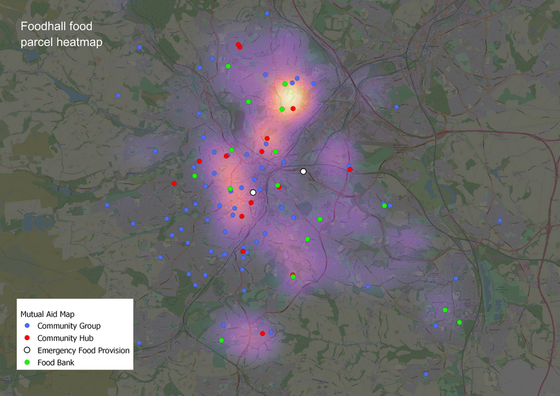 Adding in community hubs and food banks starts to show how food can be targetted to those in most need in Sheffield. Maps drawn by Jake Sutcliffe from the Foodhall team, with data gathered from Jonny Davey and Ed Crisp.