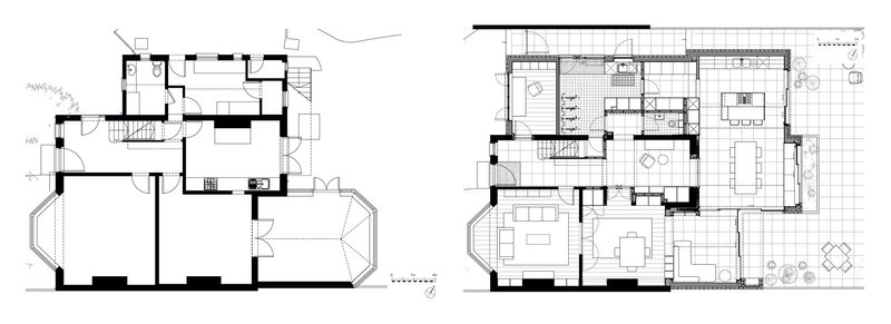 Ground floor plan, before and after.