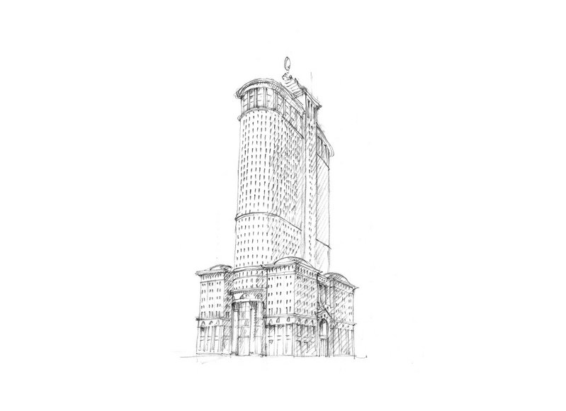 Adam's sketch for a new neoclassical New York skyscraper.