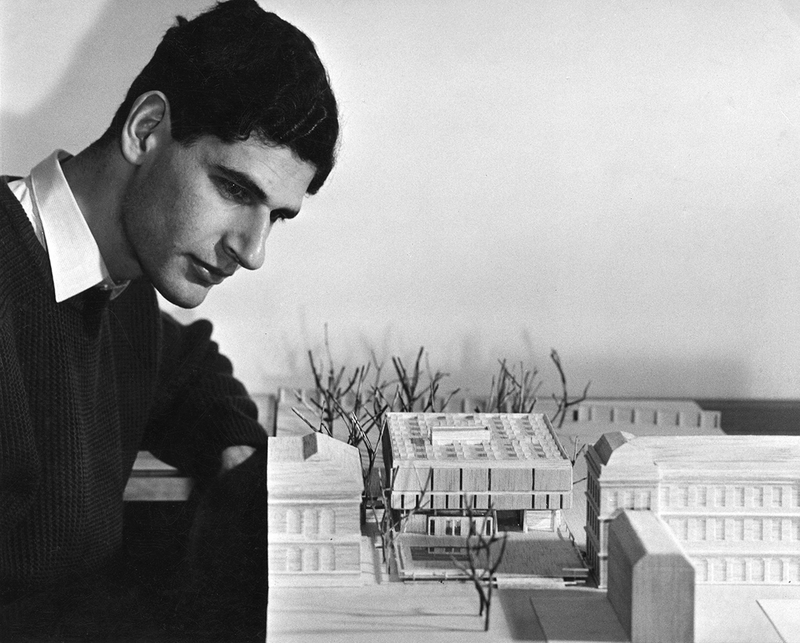 The 28 year old Paul Koralek with an early model of his 1961 competition winning Berkeley Library for Trinity College Dublin. Soon he was to radically change the design.