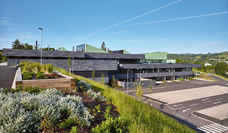 North elevation of the campus. Its landscaped embankment helps embed the building further into the landscape.