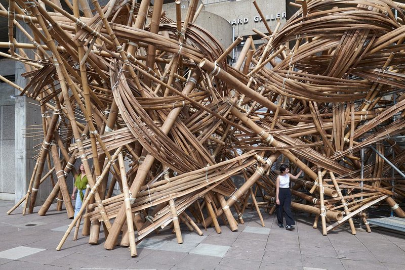 वेणु [Venu] by Asim Waqif, the Bagri Foundation Commission 2023. The installation was constructed by Waqif, architect Shantanu Heisnam and a team of 10 on the Hayward Gallery Terrace, London. Courtesy of the artist.