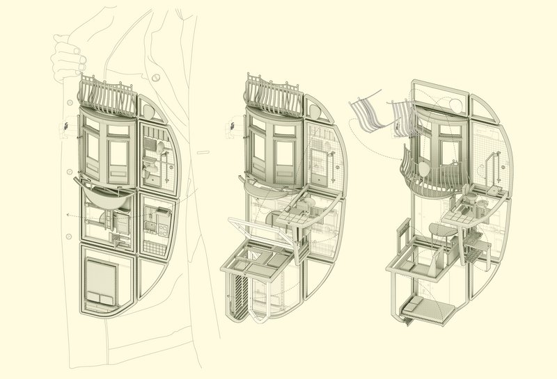 Unfolding Julian Assange’s Home of Diplomatic Containment II. Photoshop & Illustrator on paper. 329 × 483mm