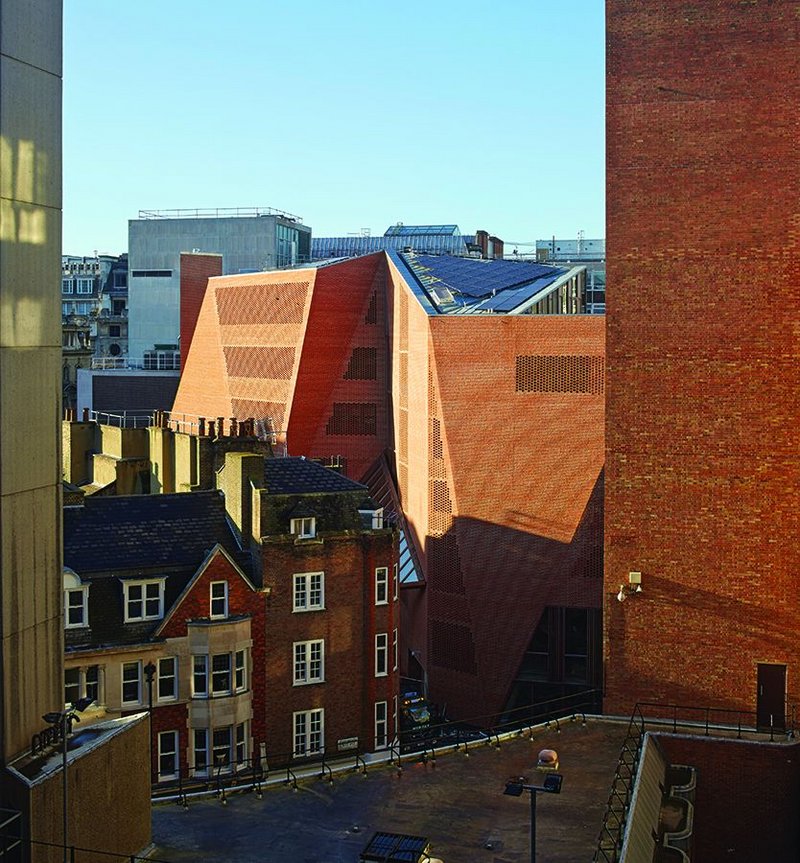 Screened brickwork at O’Donnell + Tuomey’s Saw Swee Hock student centre at the LSE.