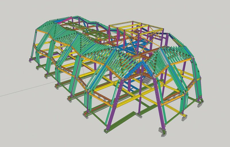 This 3D SketchUp model amalgamates information from steel frame and timber frame subcontractors, to check alignment of elements.