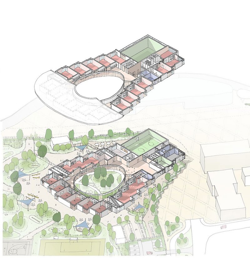 Exploded floor plan of Wintringham Primary Academy, designed by dRMM at St Neots, Cambridgeshire. The design creates indoor spaces surrounded by nature and embraces outdoor learning spaces. The CLT frame was erected in just 2.5 months.