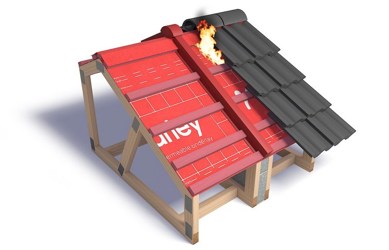 Marley Roof Defence is an intumescent roof cavity barrier against fire - shown here activated.