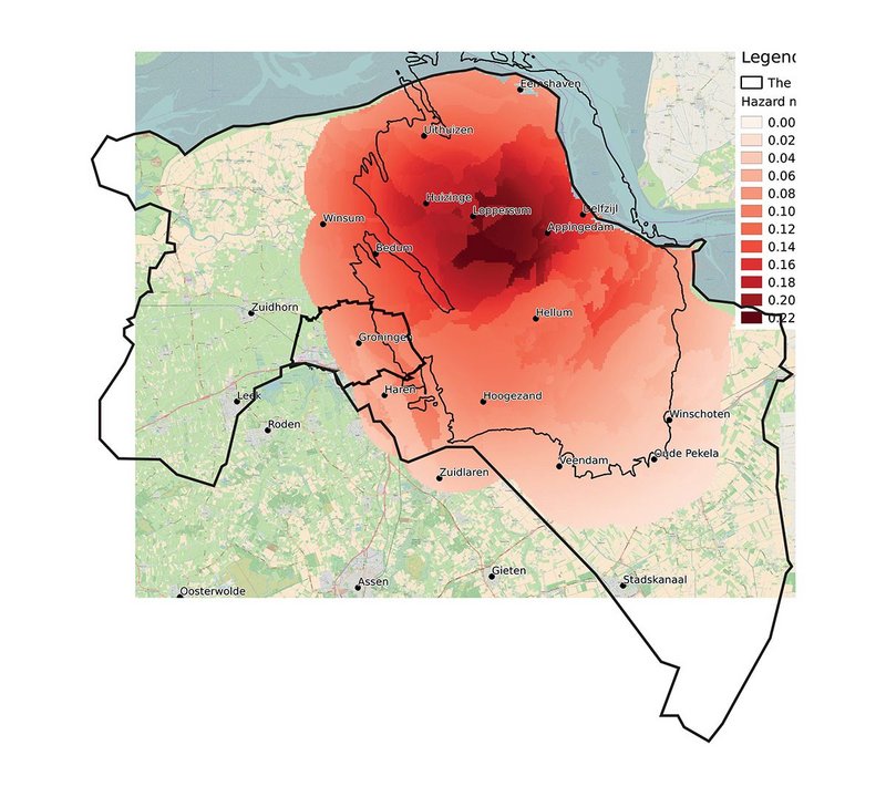 Map showing the impact of earthquakes in terms of peak ground acceleration in the Groningen region.