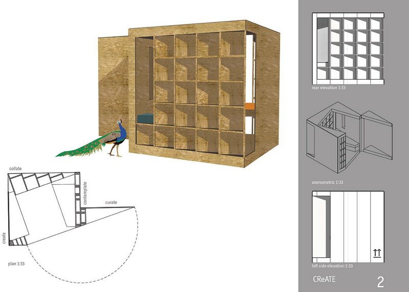 Exterior shelves not only create space for display but generate deep alcove shadows and echo the form of the main opening door.