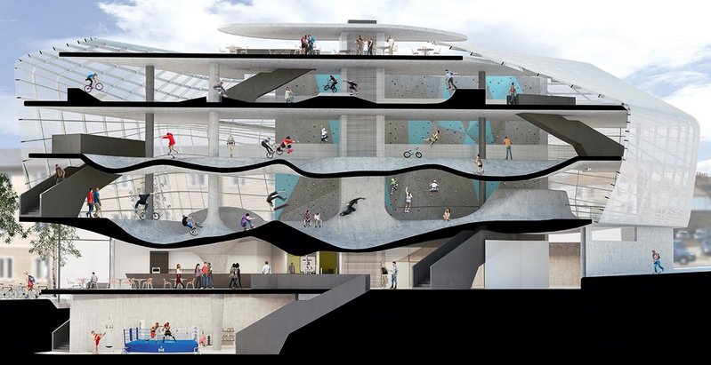 Guy Hollaway Architects’ F51 skate centre in Folkestone where undulating floors are par for the course.