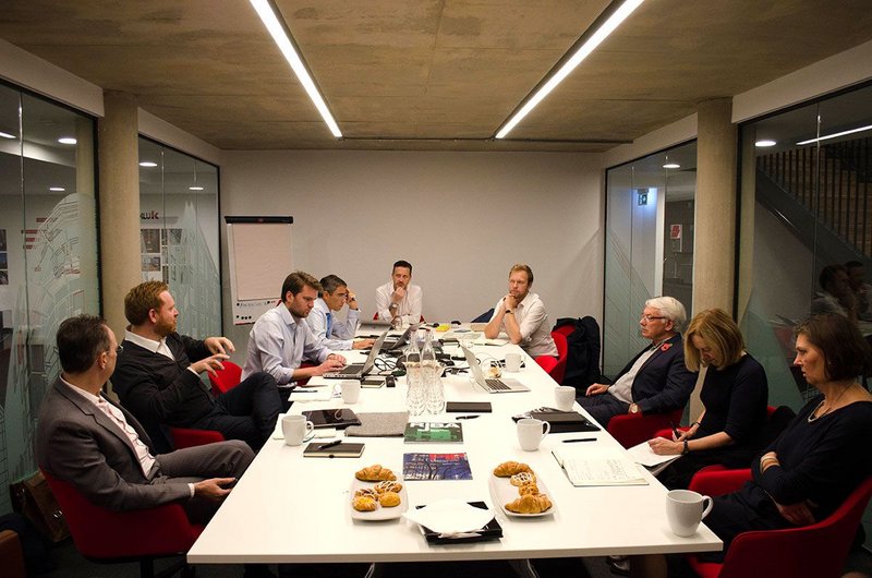 From left: Cornerstone’s Colin Ross, Piercy & Co’s Neil Howsam, RIBAJ’s Luke Wilcox, Arup’s Alex Jan, AluK’s Nigel Headford, Joe Wheelwright from Arup, Peter Head, RIBAJ’s Jo Smit and Levitt Bernstein’s Julia Park.