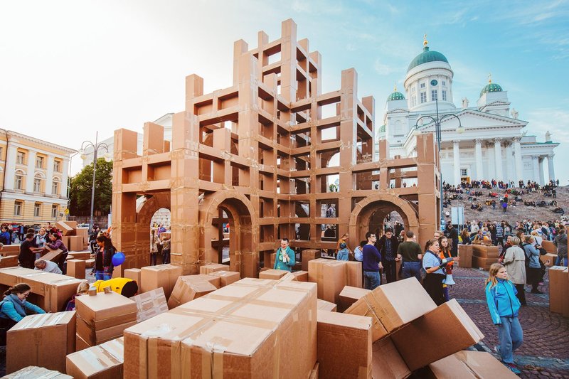 Cardboard design at Helsinki Lutheran cathedral in Senate Square, South Harbour.