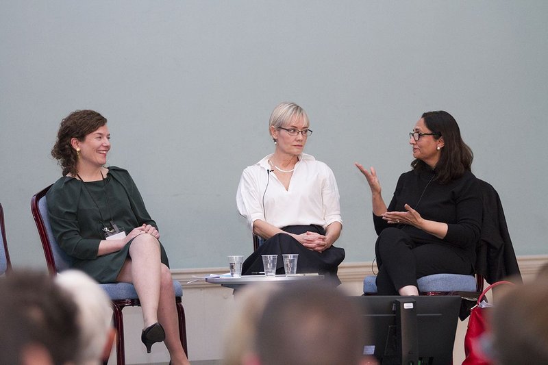 Discussing Preserving Utopia, from left: Henrietta Billings, director of SAVE, Alison Brookes, director of Alison Brooks Architects and Tanvir Hassan, deputy chair of Donald Insall Associates.