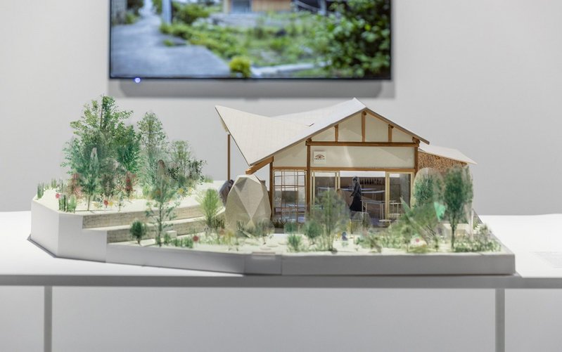 Model of Hoppy Bar, 2017-18, with architecture by Tetsuo Kondo Architects and furniture by Kazuyo Sejima & Associates, from the exhibition Symbiosis – Living Island, an exhibition about the Inujima Art House Project, at Japan House London.