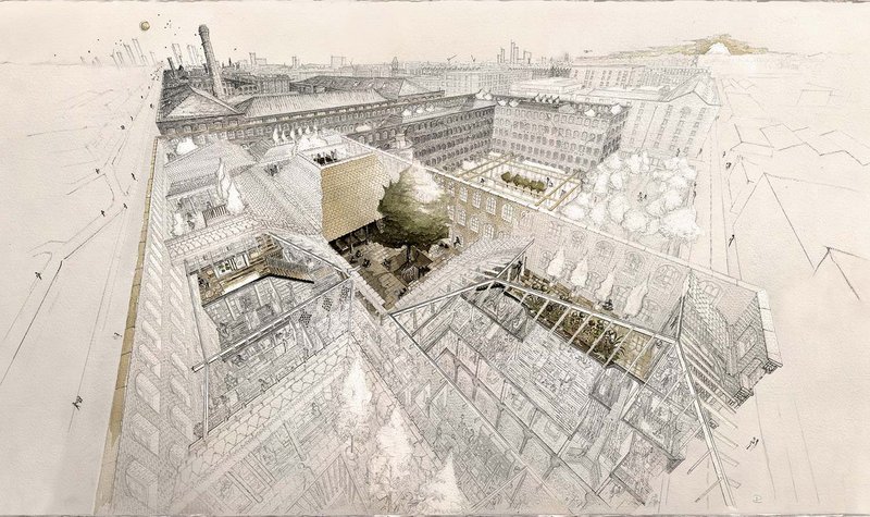 Eye Line 2021 Practitioner winner Rory Chisholm with ‘Manchester  Courtyards: a proposal for Ancoats’. Pencil and ink. 560mm x 1120mm