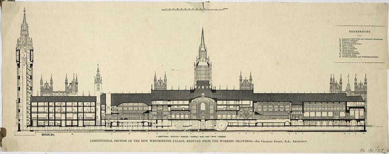 1850 section through the Palace of Westminster designed by Charles Barry and Augustus Pugin.