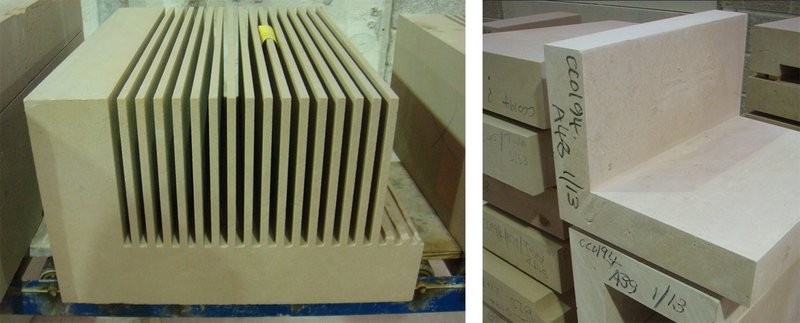 A typical process for stone corner quoins can lead to considerable material wastage. Could this be formed of two flat slabs by introducing a joint to reduce waste?