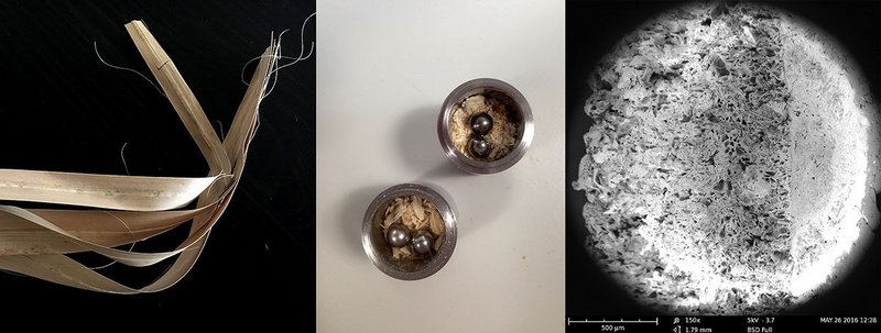 Figure 1: Dried Palm leaves from the Northwestern Amazon, middle: Palm leaves pulverization (Planetary Ball Mill), Scanning Electron Microscopy of Plant Waste Composite post-Fused Deposition Modelling (scale bar 500 μm) and FDM panels with variable structure.