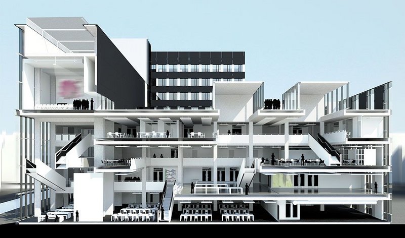 Living room’ to the left with cafe and dramatic stairs, topped by a grand lecture theatre/event space. ‘Factory’ to the right with design studio spaces and workshop. Lanterns at the top draw light into the deep space and sit as pavilions on the roof terrace. The reclad original sixties tower is visible behind.