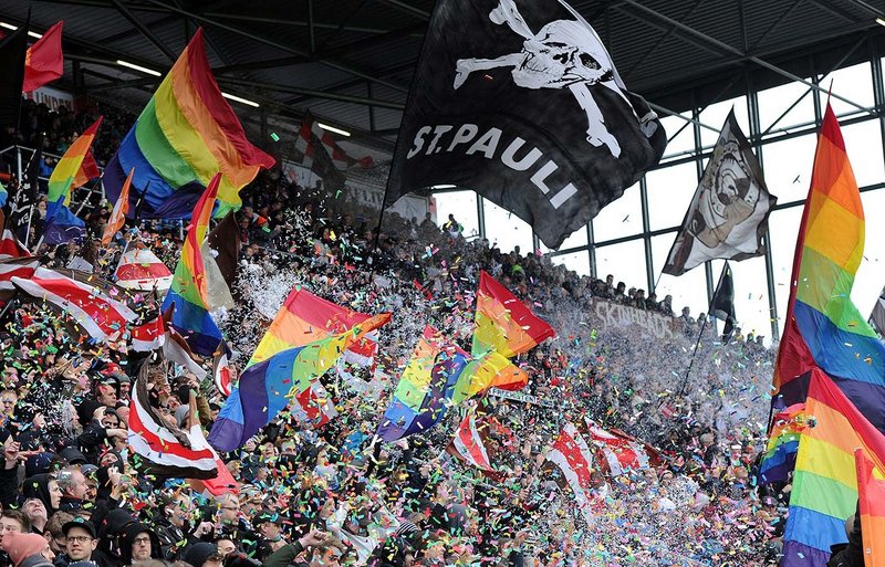St-Pauli tifo LGBT support (2016). Witters/Tim Groothius. From Football: Designing the Beautiful Game at the Design Museum.