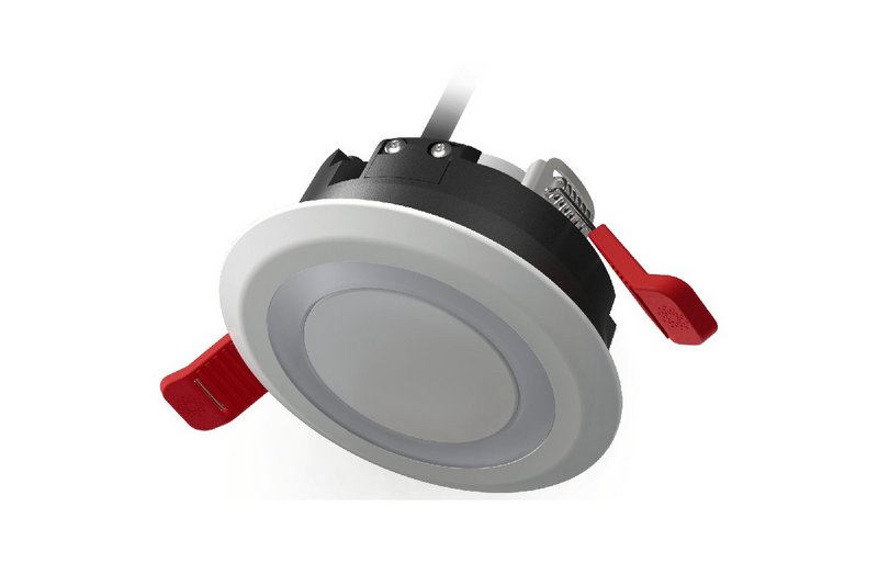 Lumi-Plugin downlights can be fitted with sprinklers, smoke, heat and carbon monoxide alarms, PIR sensors and emergency lights - all concealed in the ceiling. The light-only version is shown here.