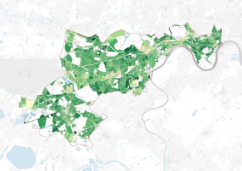 Strategic Urban Greening Factor analysis of existing street blocks can be instrumental in guiding locally appropriate design codes for adapting to climate change, as here in Hounslow.