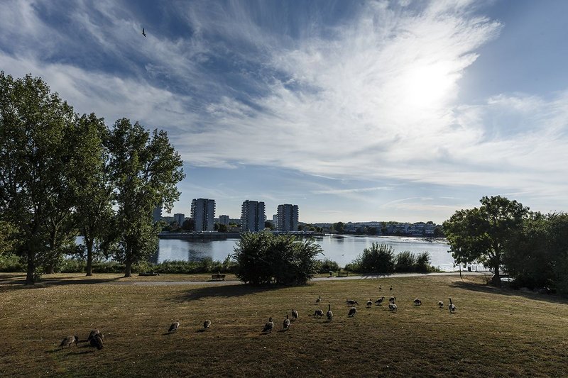 Iconic Southmere Towers across the lake.