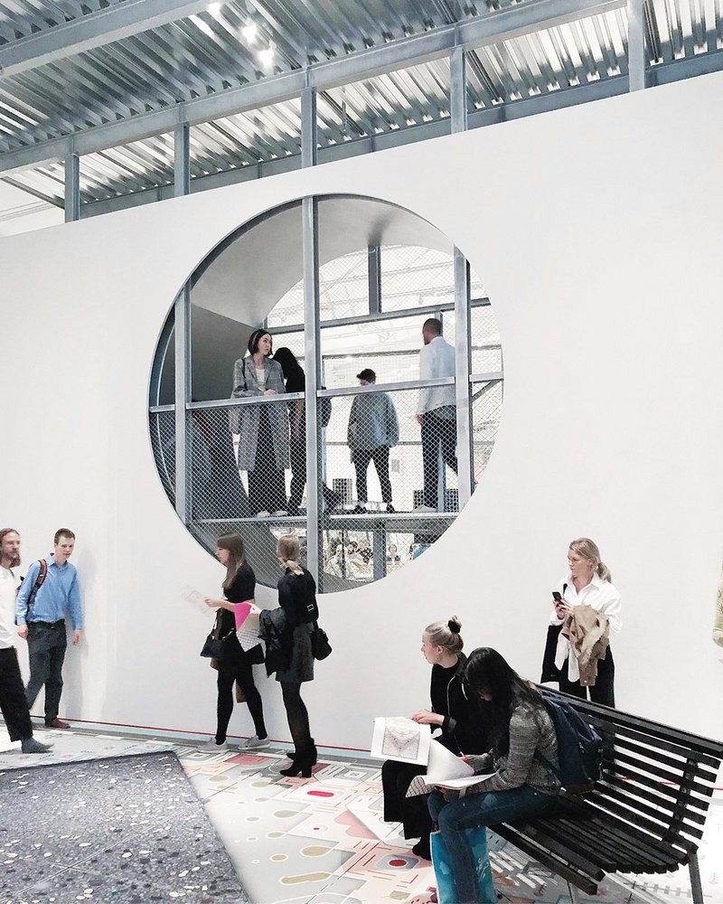 Inside the gallery. At the top that Boxen’s roof sits proud of the wall allowing natural light into the first floor.