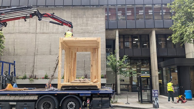 The CascadeUp pavilion being delivered to UCL's Bloomsbury campus for the Festival of Engineering, July 2024.