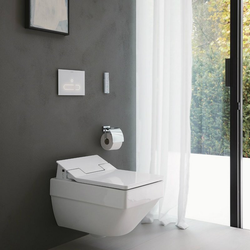 Vero Air wall-mounted toilet with SensoWash Slim shower-toilet seat and A2 sensor plate.