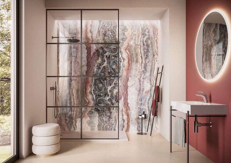 Going big in the bathroom: shower wall in RAK Ceramics' Maximus Mega Slab Preziosi Rock.