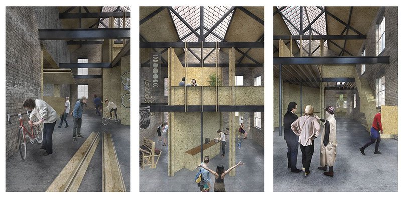 The interior envisaged through time; the adaptable OSB framework is continuously repurposed to accommodate new uses.