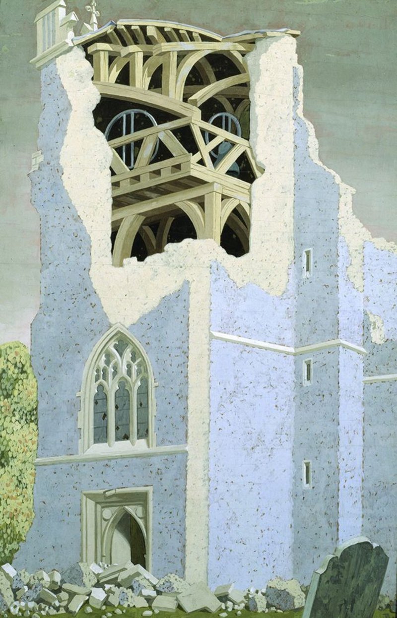 The skull beneath the architecture: John Armstrong’s Coggeshall Church, Essex (1940) from his work with the War Artists’ Advisory Committee.