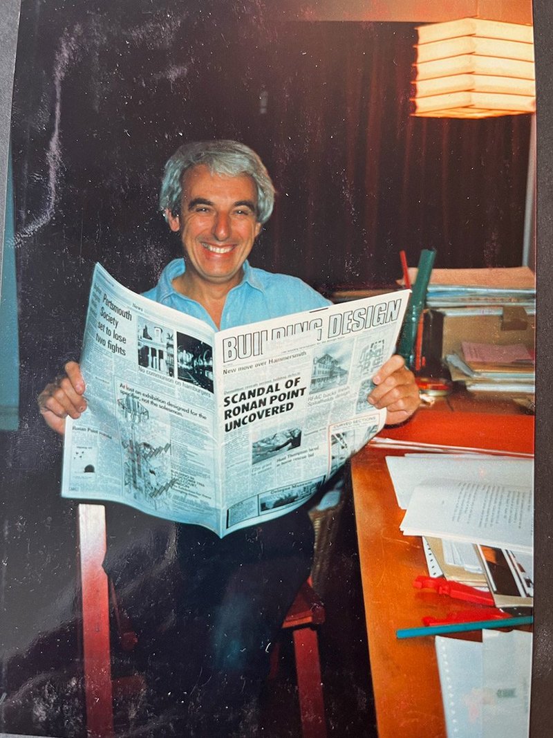 Sam Webb in 1986, pictured with a newspaper splash on the latest developments at Ronan Point.