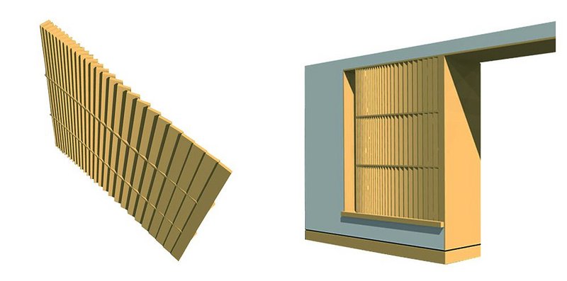 Visualisation of the stone louvred screen that forms part of the rear extension elevation, allowing passive ventilation strategies to be securely applied.