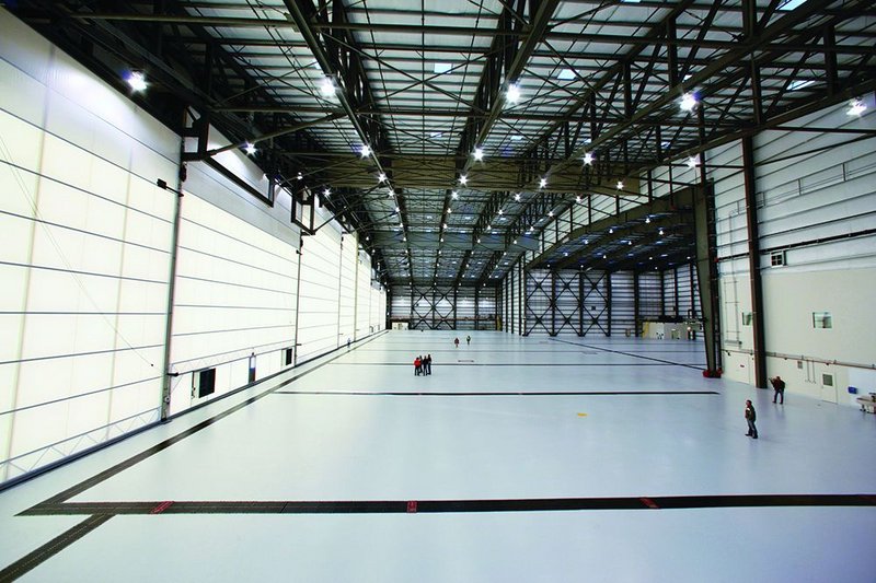 View looking across the full 128m width of the Stratolaunch Systems hangar – with the transluscent Megadoor to the left