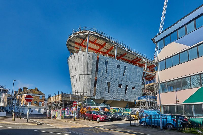 Guy Hollaway Architects’ F51 in Folkestone is the world’s first multi-storey skate park, which also contains a boulder room and climbing wall, a boxing gym, café and changing rooms. It is due to complete later this year.