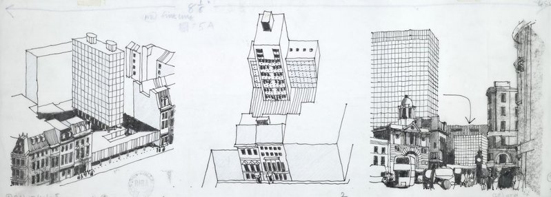 Perspective and aerial views of the Economist Building, London, c.1965.