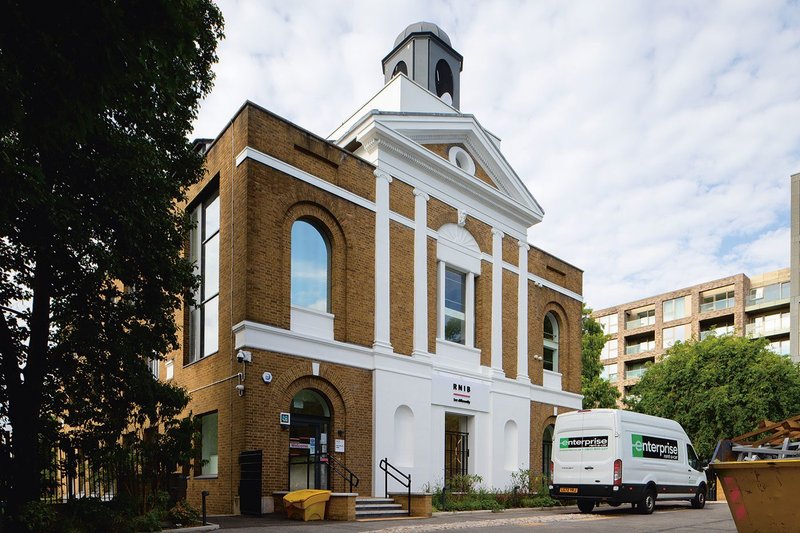 The Grimaldi Building was a 1990s office built in the form of the church that formerly occupied the site.