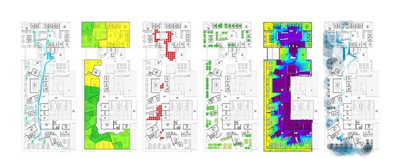 Cloud design for offices? How the preferences of workers were turned into an algorithm for design at Autodesk's office, designed by The Living. The diagrams show adjacency preference, work style preferences, buzz/productivity, day and views to outside.