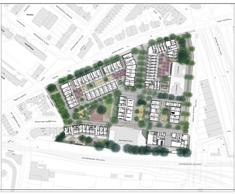 Site plan showing buildings by Mae and Hawkins\Brown.