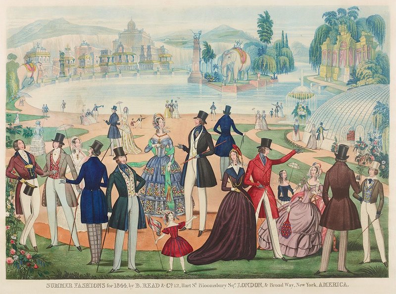 Fashion plate depicting "Summer Fashions for 1844"; view of figures in Surrey Gardens.